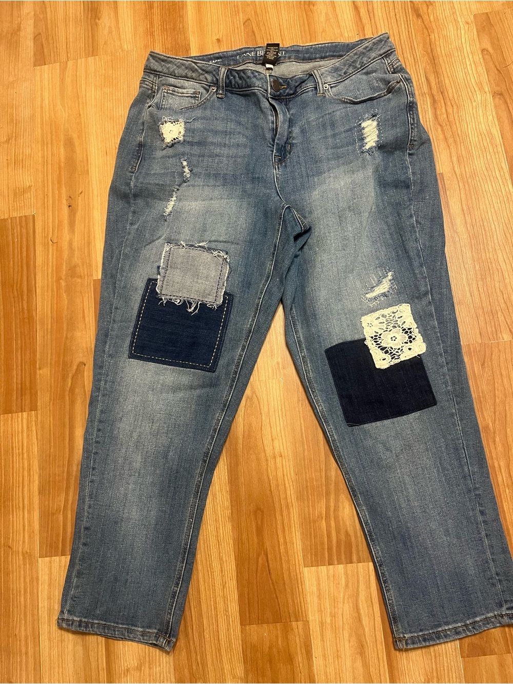 Lane Bryant Distressed Patchwork Blue Jeans - Cropped Ankle